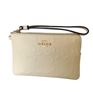 Coach Signature Embossed Leather Wristlet Pouch Clutch – Ivory, Gold Hardware